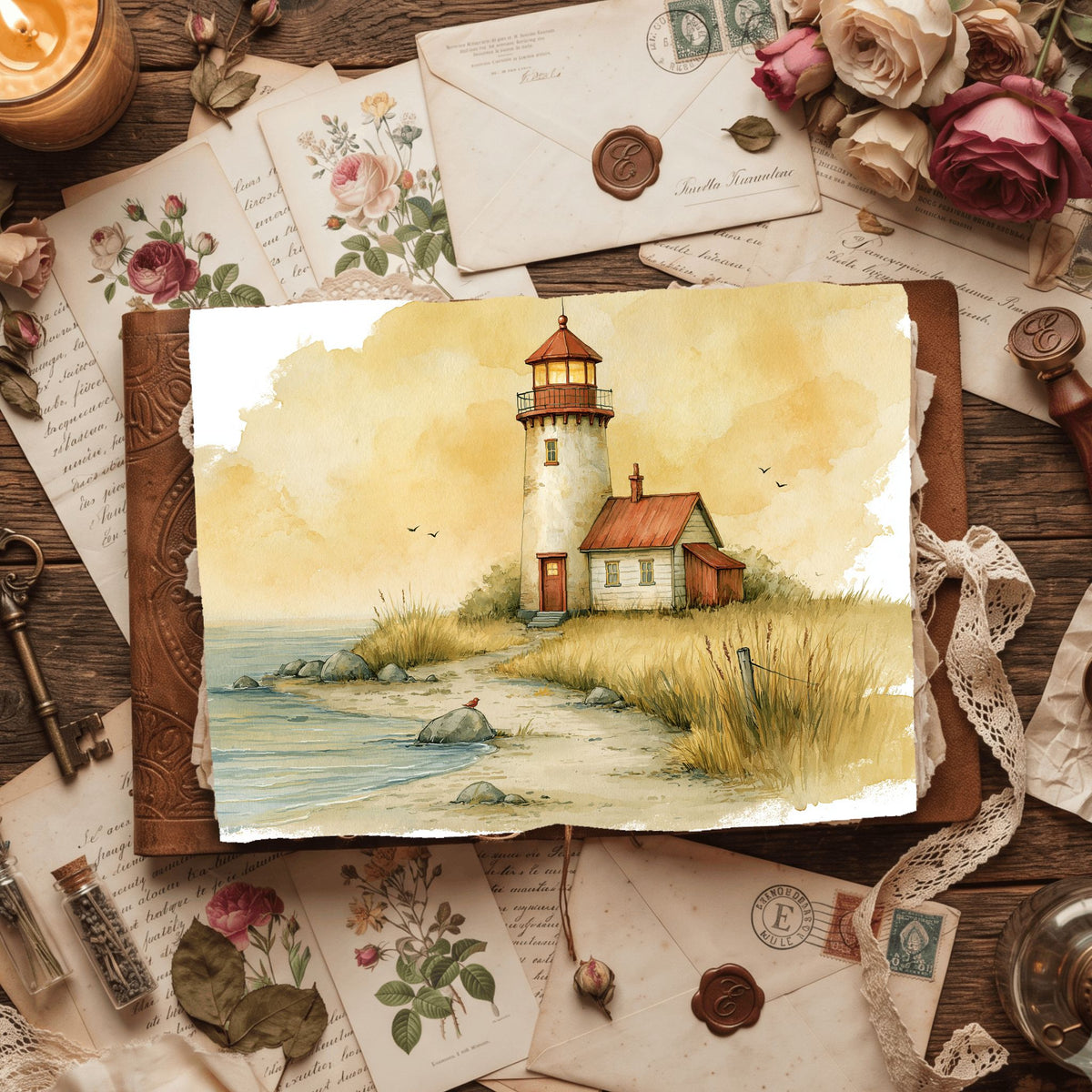 Watercolor Lighthouse Coastal Scene