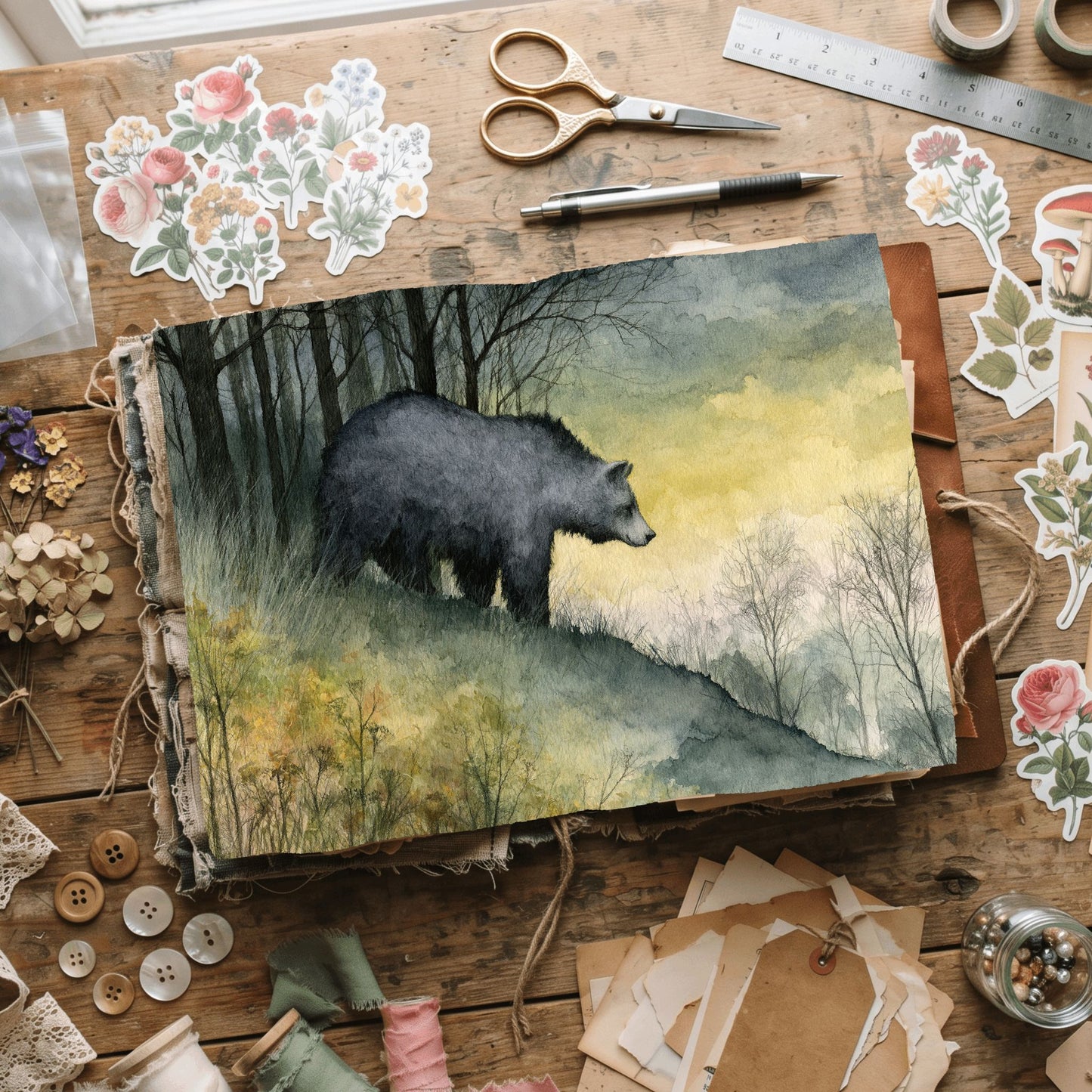 Woodland Bear Watercolor Landscape