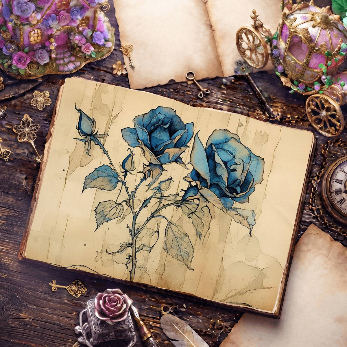 Decaying Blue Roses Digital Papers
