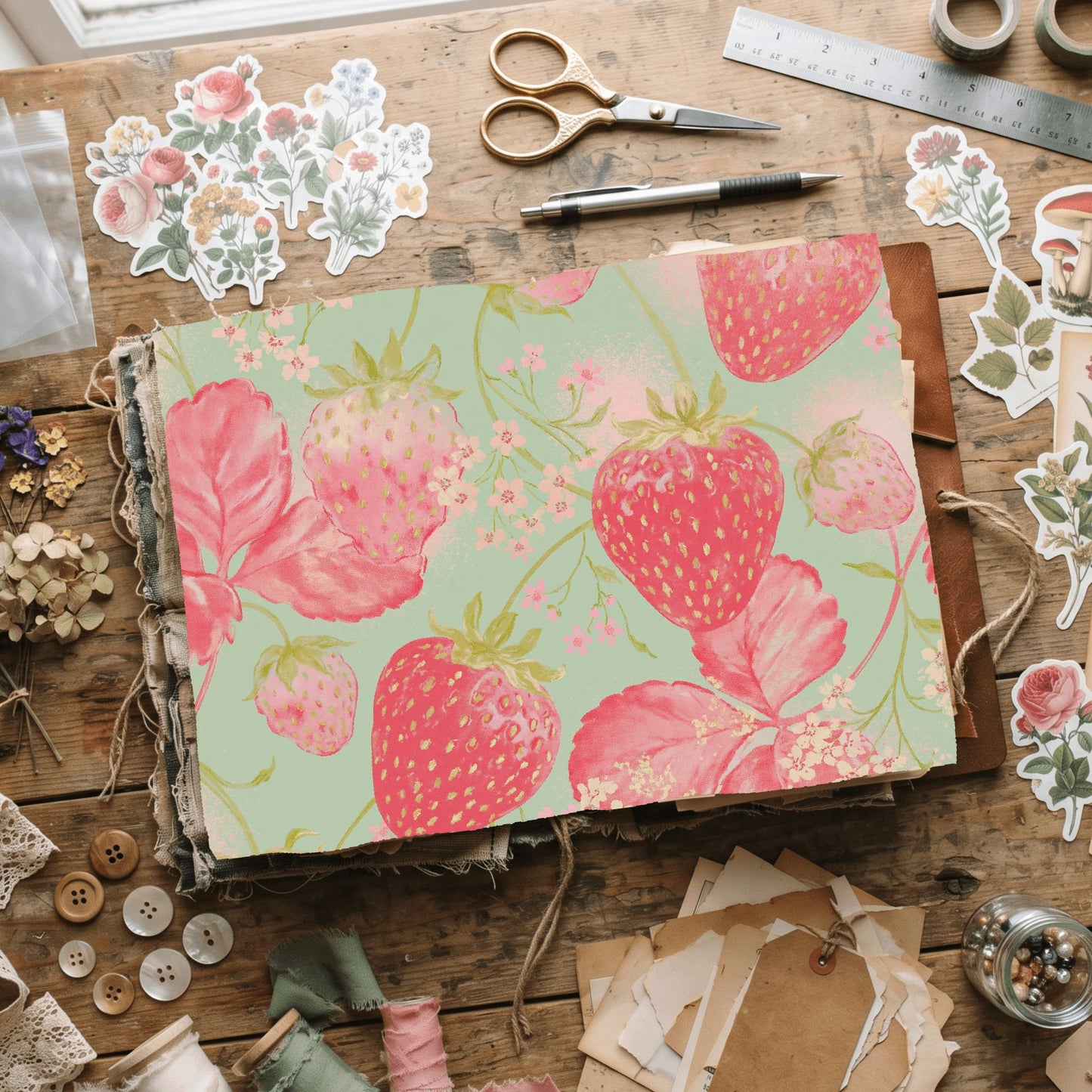 Strawberry Botanical Scrapbook Paper
