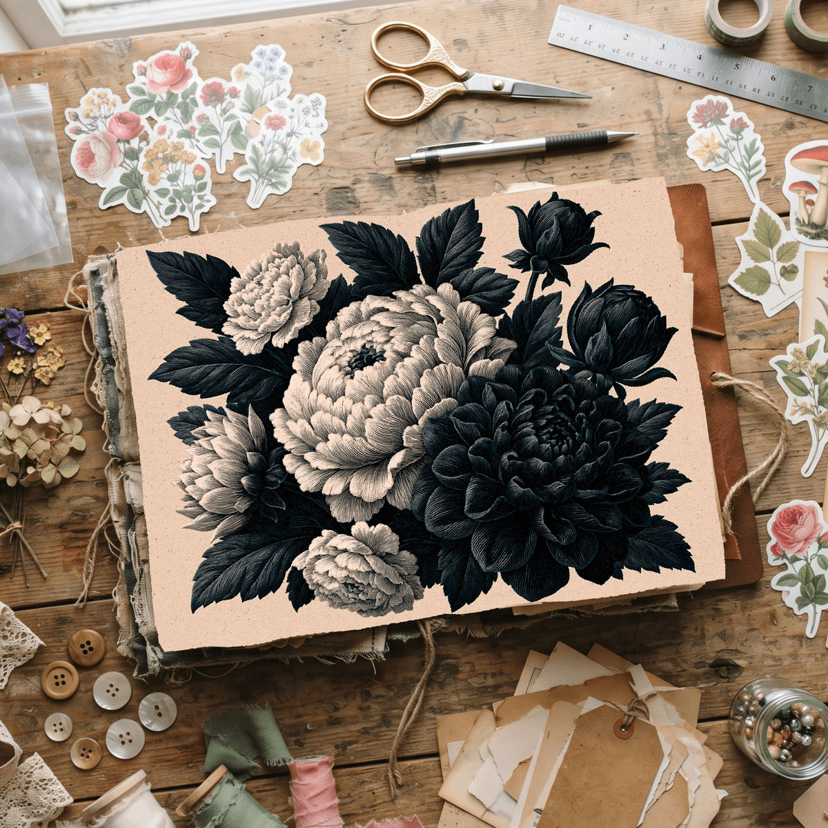 Vintage Black Ink Floral Illustration