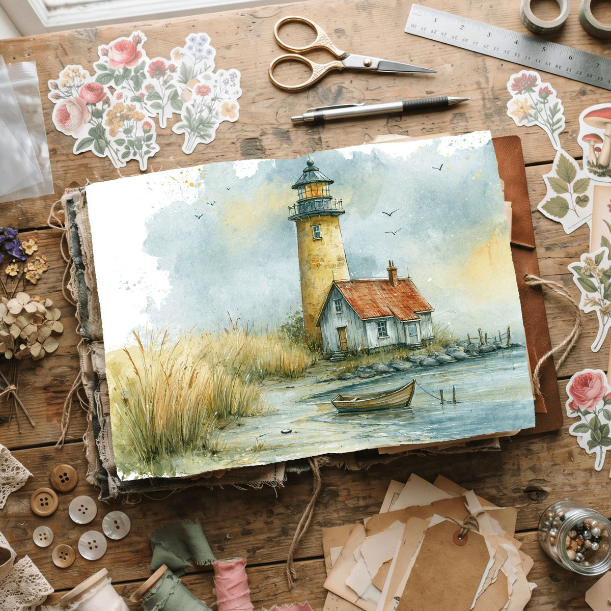 Watercolor Lighthouse Coastal Scene