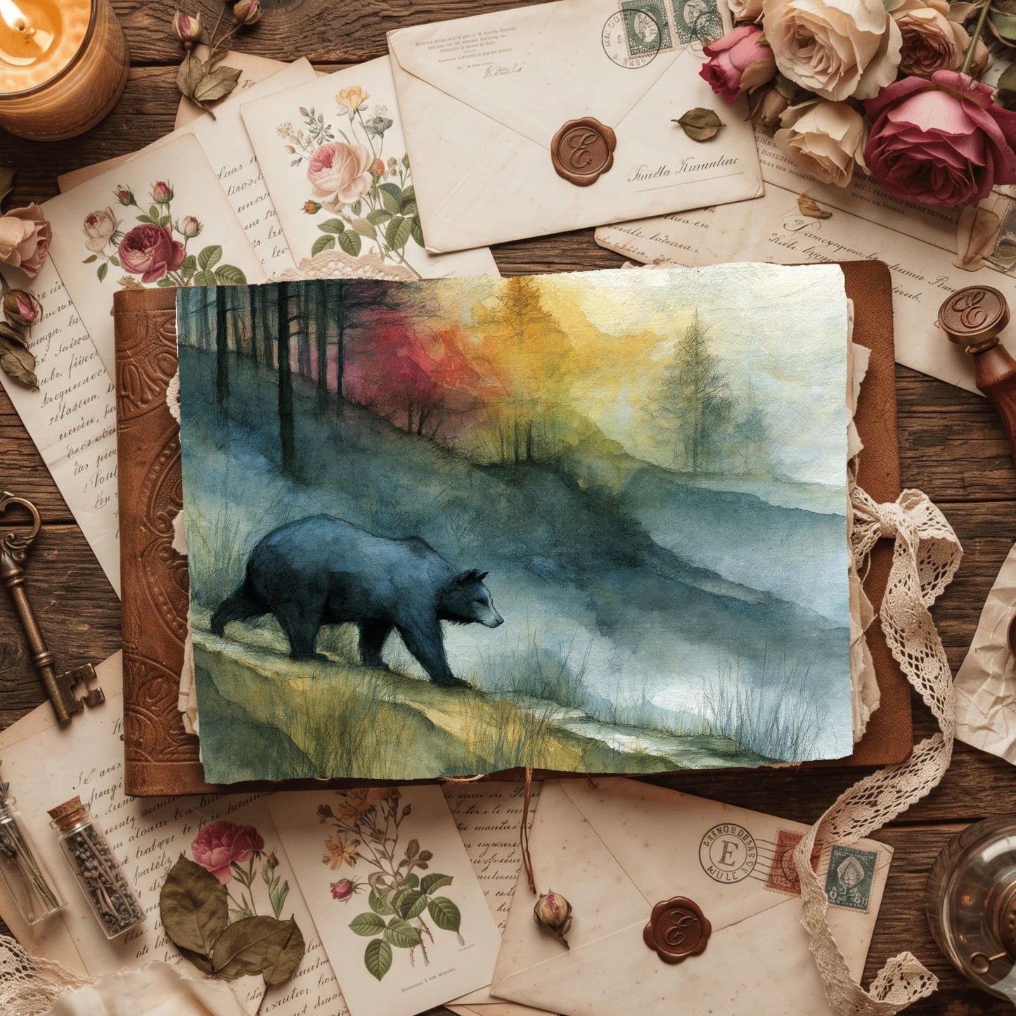 Woodland Bear Watercolor Landscape