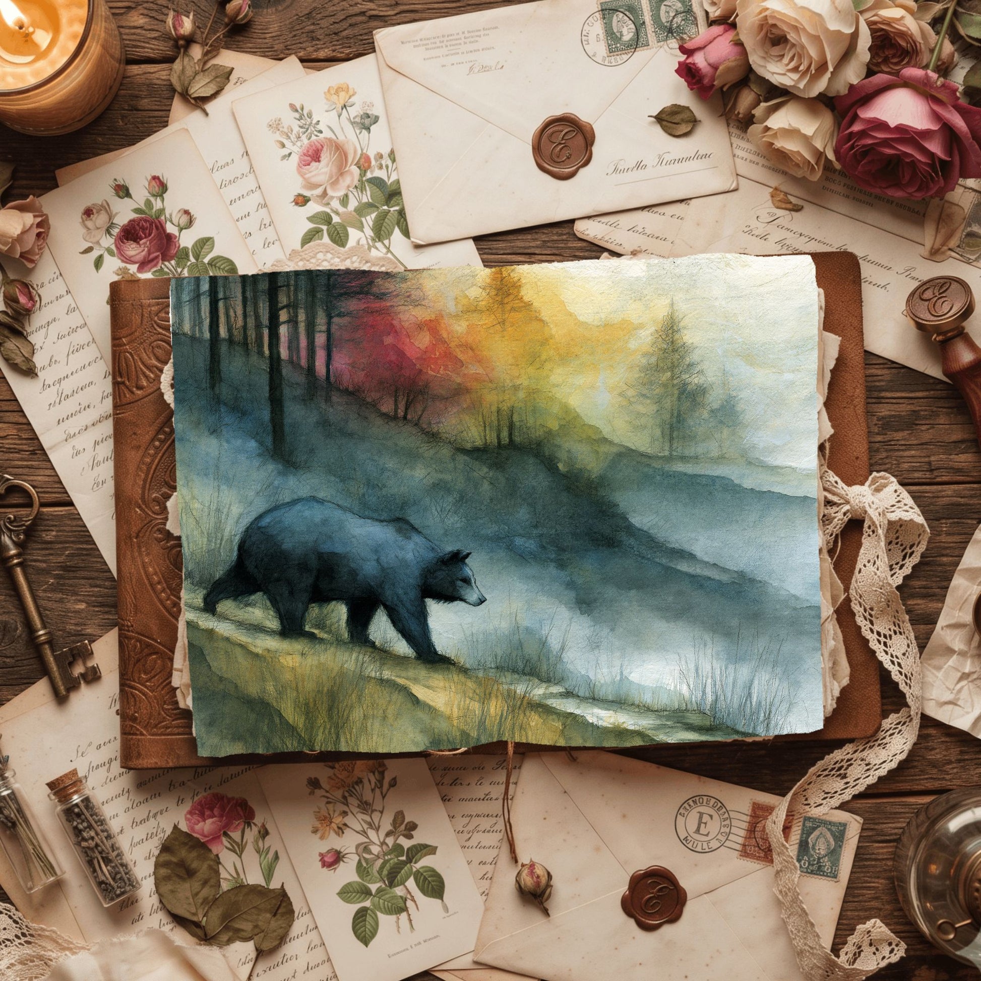 Woodland Bear Watercolor Landscape