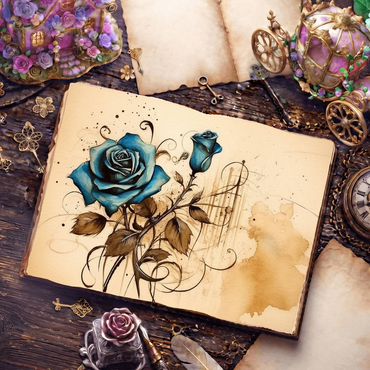 Decaying Blue Roses Digital Papers