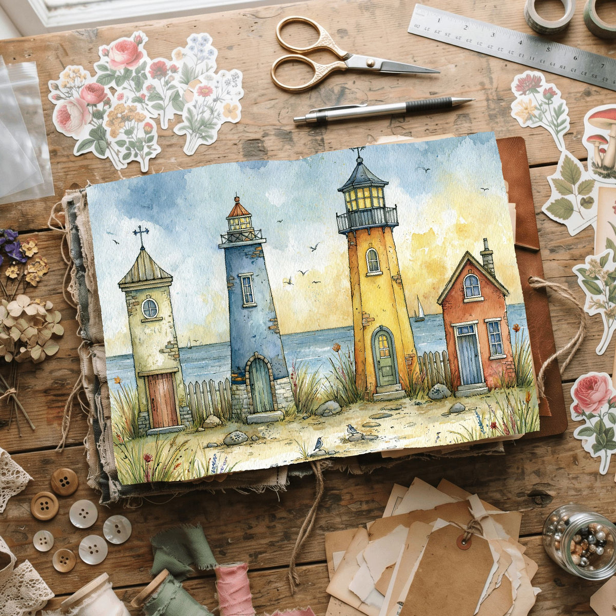 Watercolor Lighthouse Coastal Scene