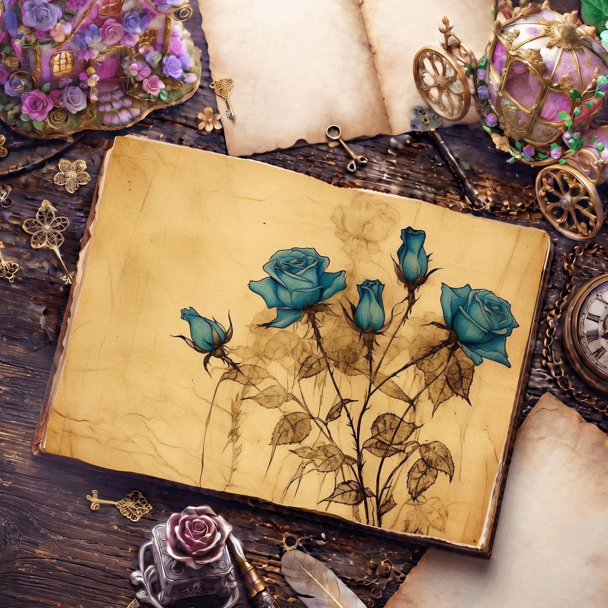 Decaying Blue Roses Digital Papers