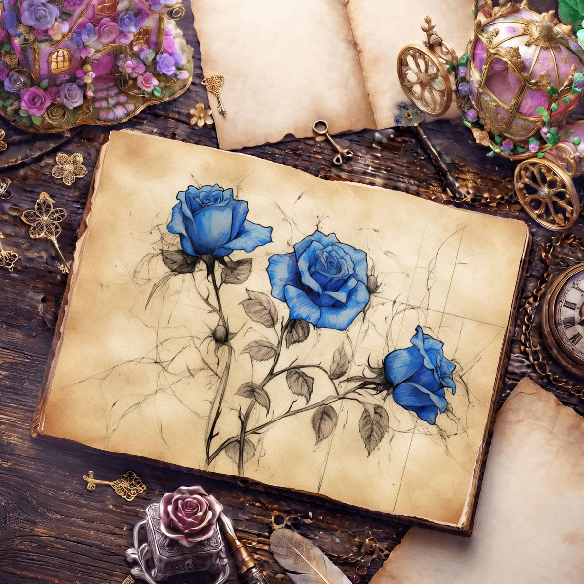 Decaying Blue Roses Digital Papers