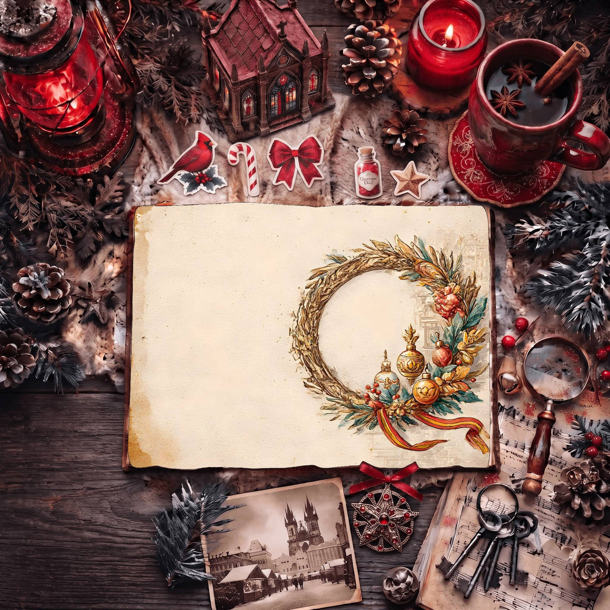 Festive Holiday Wreath Digital Papers
