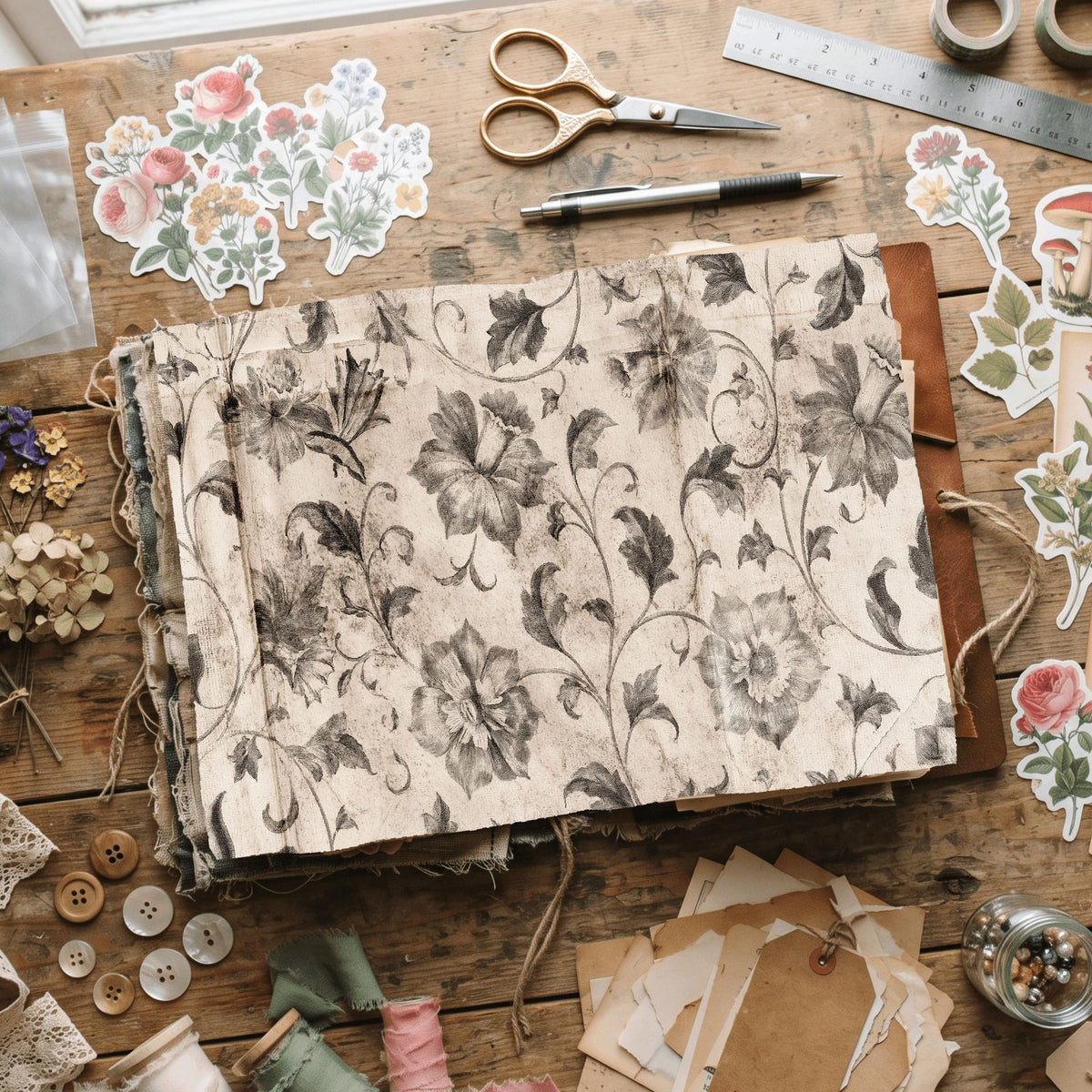 Aged Sepia Floral Vine Wallpaper