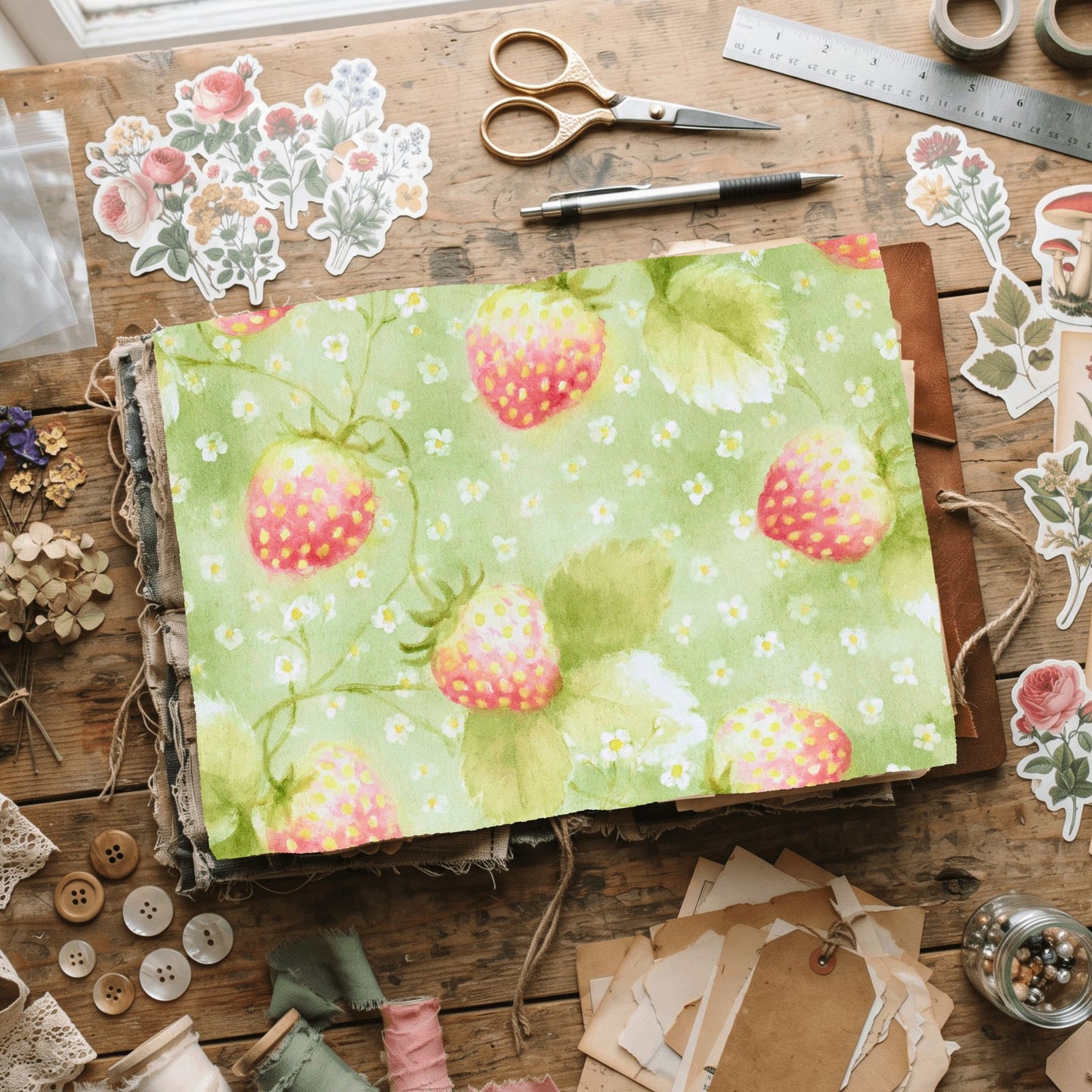 Strawberry Botanical Scrapbook Paper
