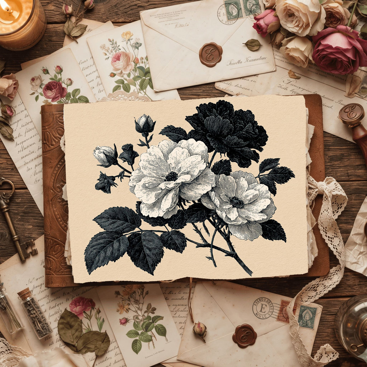 Vintage Black Ink Floral Illustration
