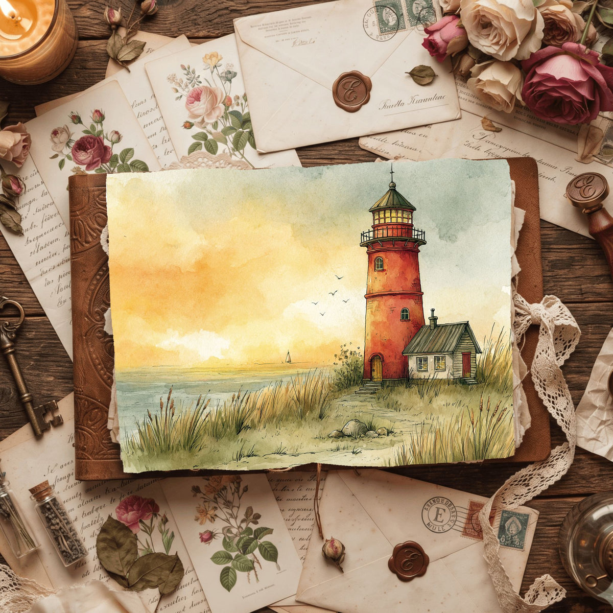 Watercolor Lighthouse Coastal Scene