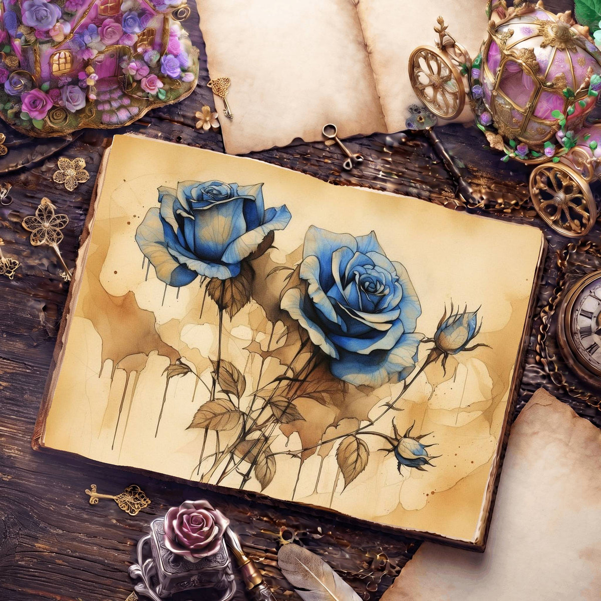 Decaying Blue Roses Digital Papers