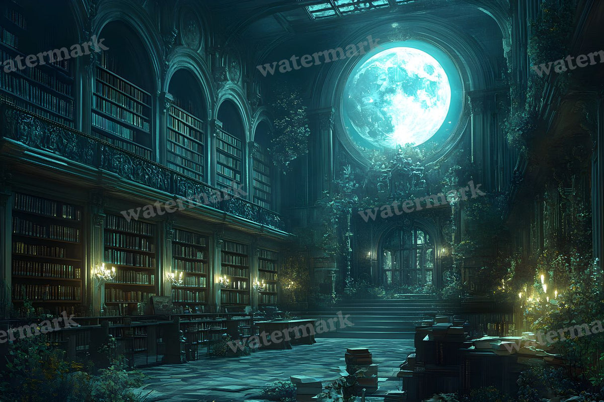 Moonlit Library Backdrop Images