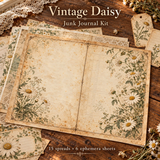Vintage Daisy printable junk journal spreads and ephemera displayed on an antique wooden table. 15 spreads and 6 ephemera sheets.