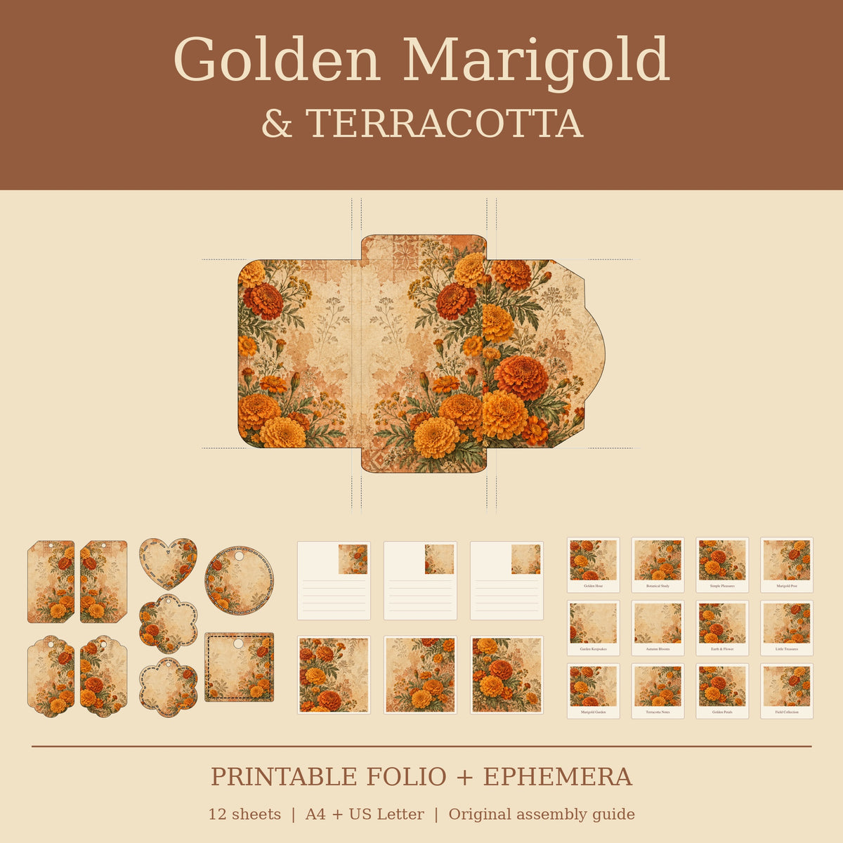 Golden Marigold & Terracotta - Printable Folio Kit, 12 Sheets, A4 & US Letter PDF