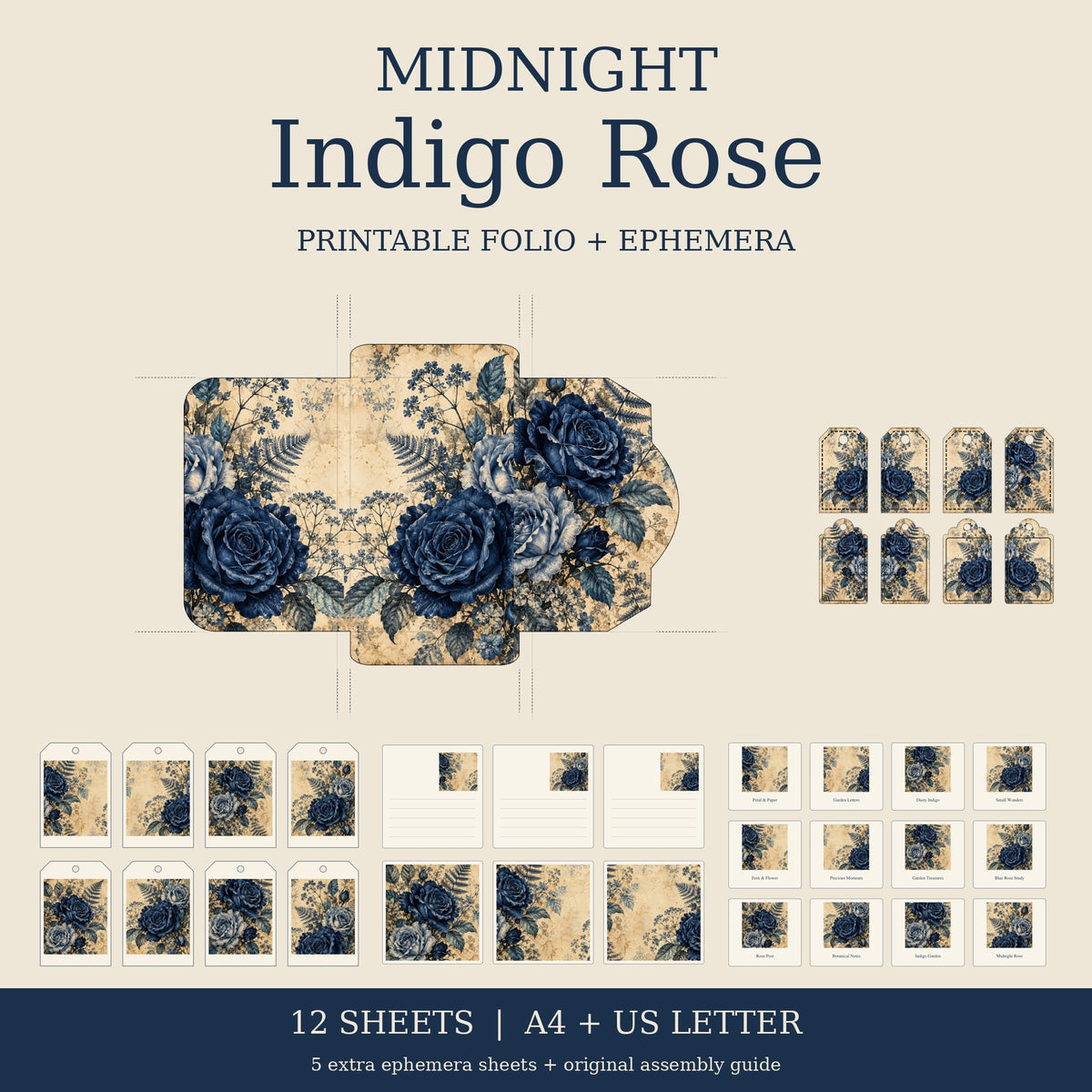 Midnight Indigo Rose - Printable Folio Kit, 12 Sheets, A4 & US Letter PDF