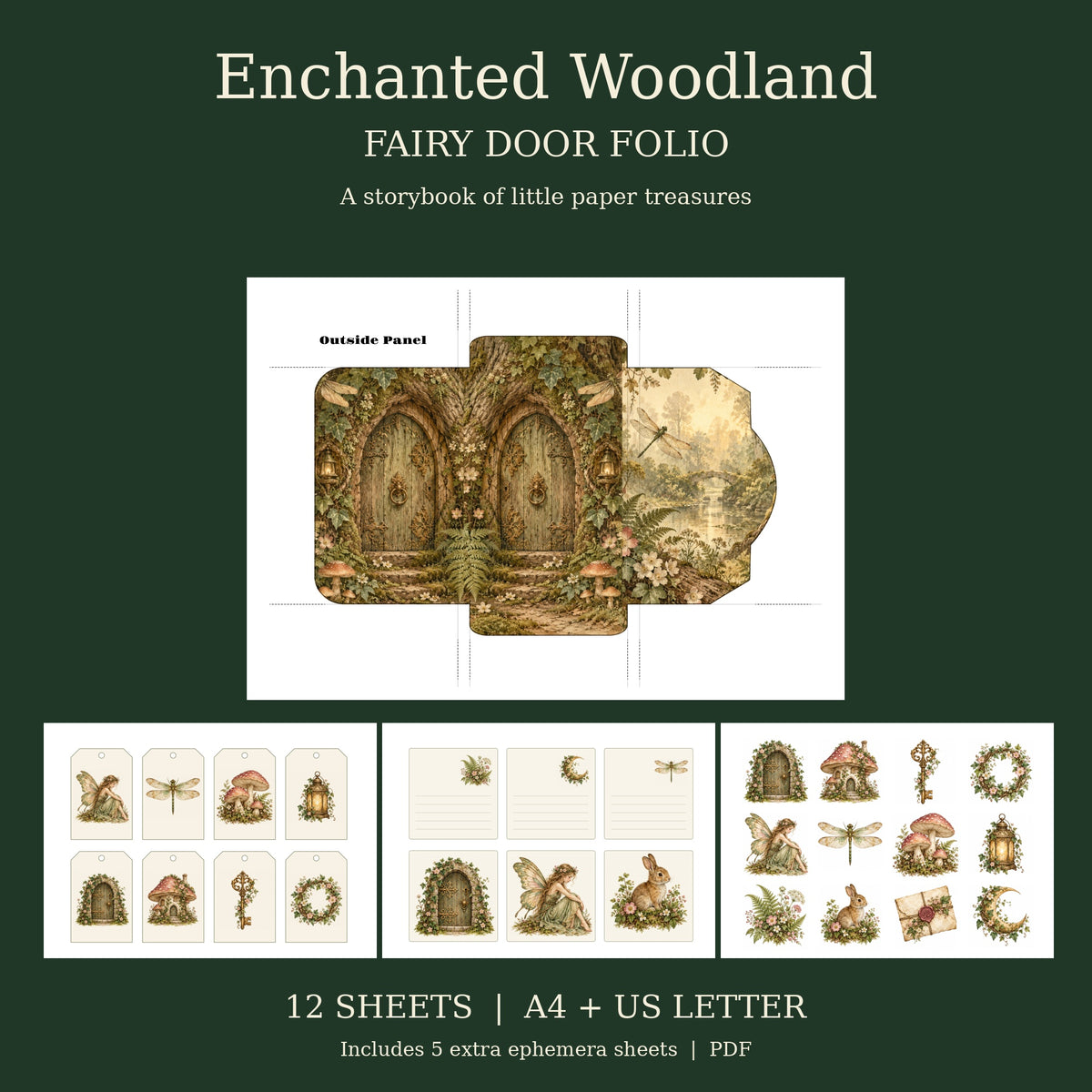 Enchanted Woodland Fairy Door - Printable Folio Kit, 12 Sheets, A4 & US Letter PDF