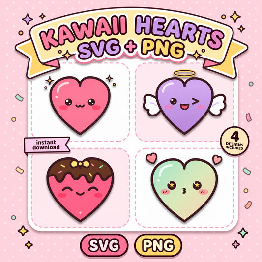 Kawaii Heart Friends SVG + PNG Pack - 4 Cute Pastel Hearts for Stickers, Sublimation and Crafts
