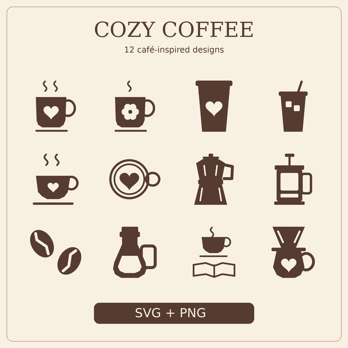 Cozy Coffee SVG Pack – 12 Café Designs with Transparent PNGs
