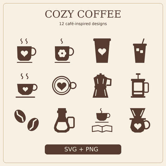 Cozy Coffee SVG Pack – 12 Café Designs with Transparent PNGs
