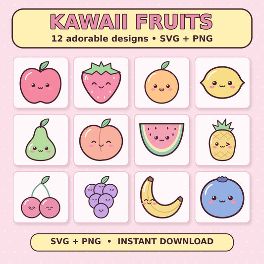 Kawaii Fruit SVG + PNG Pack, 12 Cute Pastel Fruit Characters for Stickers, Sublimation and Crafts