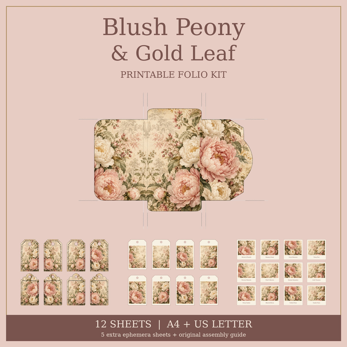 Blush Peony & Gold Leaf - Printable Folio Kit, 12 Sheets, A4 & US Letter PDF
