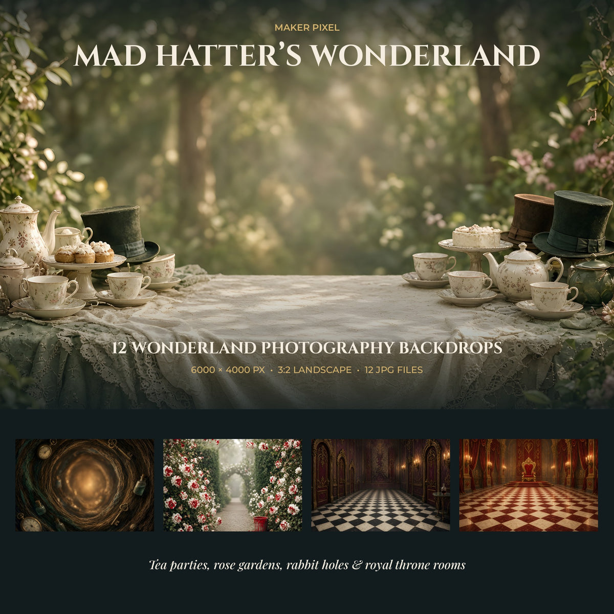 Mad Hatter's Wonderland backdrops: 12 scenes, 6000 × 4000 px, 3:2 ratio