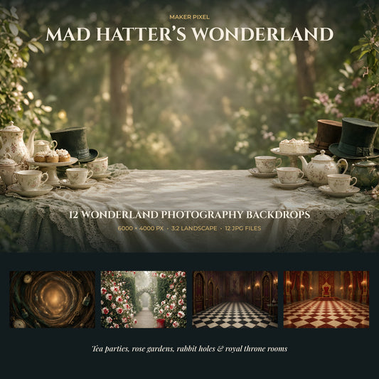 Mad Hatter's Wonderland backdrops: 12 scenes, 6000 × 4000 px, 3:2 ratio