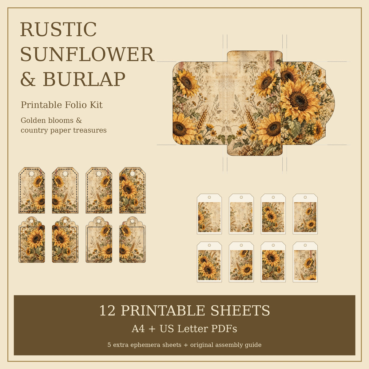 Rustic Sunflower & Burlap - Printable Folio Kit, 12 Sheets, A4 & US Letter PDF