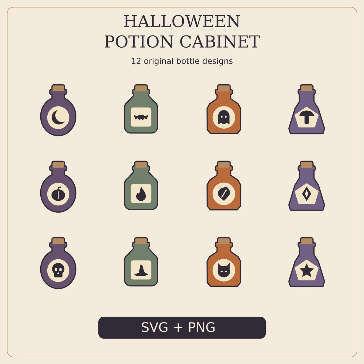 Halloween Potion Cabinet SVG Pack – 12 Witchy Bottle Designs with PNGs