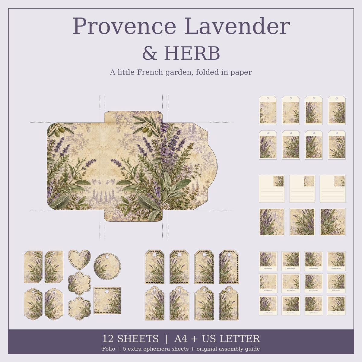 Provence Lavender & Herb - Printable Folio Kit, 12 Sheets, A4 & US Letter PDF