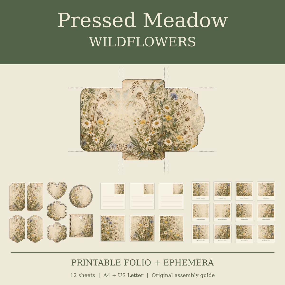 Pressed Meadow Wildflowers - Printable Folio Kit, 12 Sheets, A4 & US Letter PDF