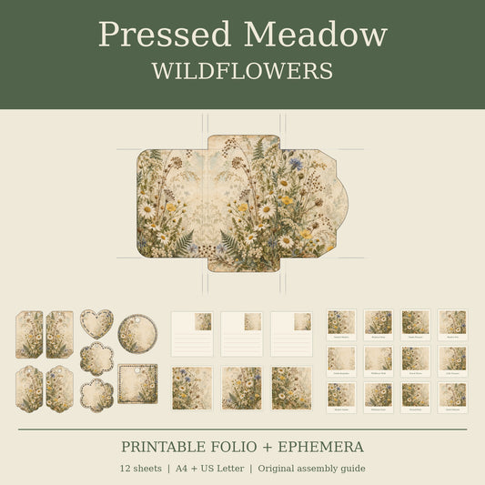 Pressed Meadow Wildflowers - Printable Folio Kit, 12 Sheets, A4 & US Letter PDF