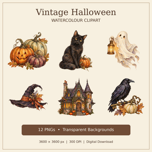 Vintage Halloween Watercolour PNG Clipart Pack, 12 Transparent Designs for Cards, Stickers, Scrapbooking and Sublimation
