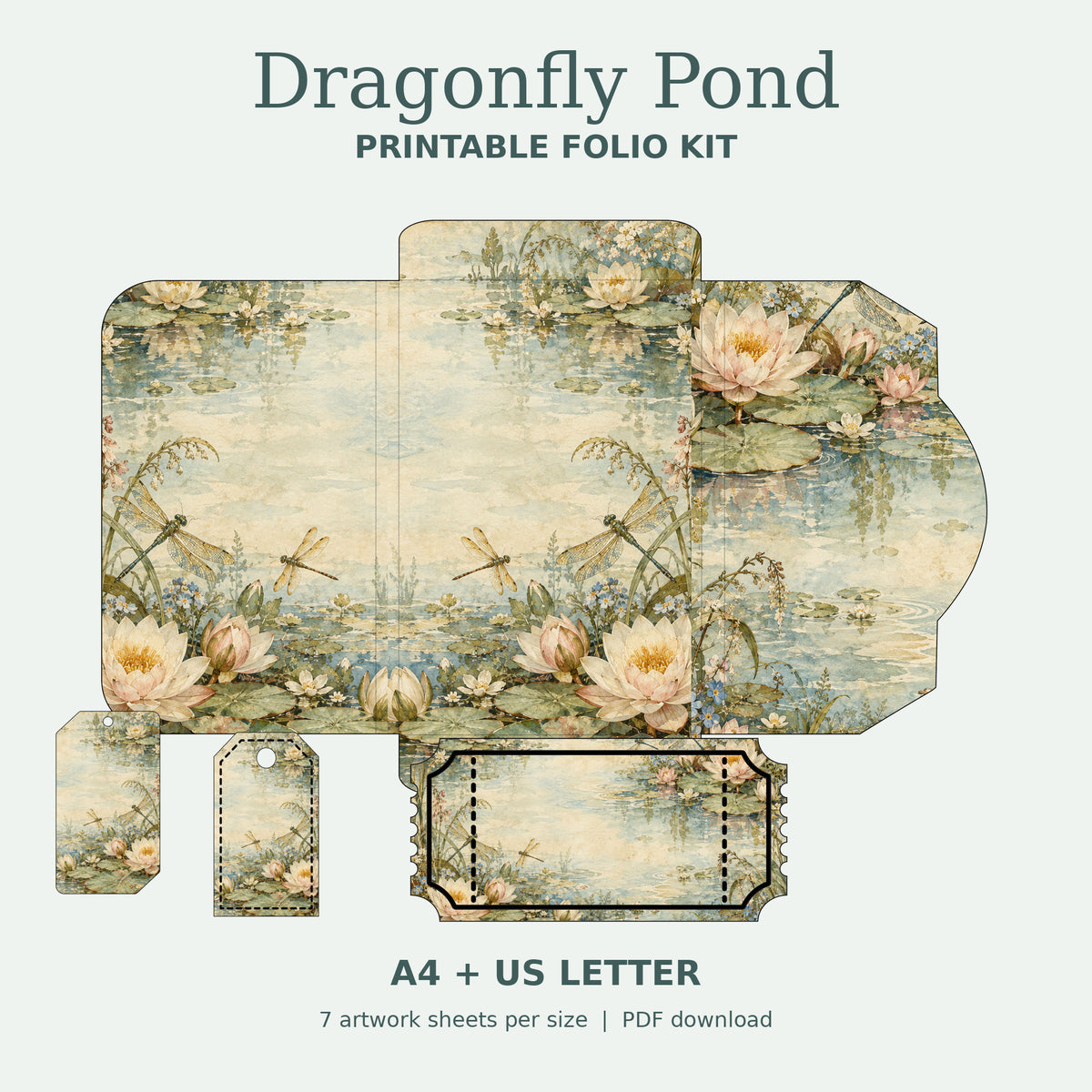 Dragonfly Pond & Waterlily - Printable Folio Kit, A4 & US Letter PDF