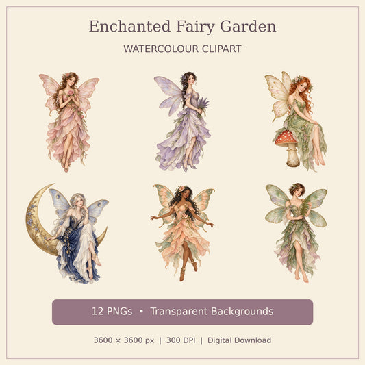 Vintage Fairy Watercolour PNG Clipart Pack, 12 Flower and Woodland Fairies for Cards, Stickers, Scrapbooking and Sublimation