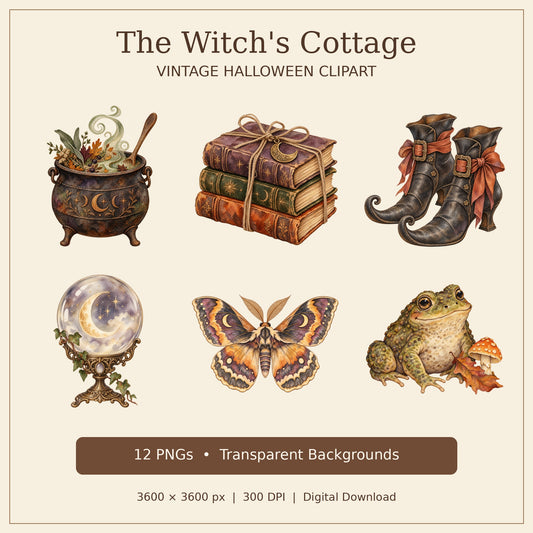 Witchs Cottage Halloween Watercolour PNG Clipart Pack, 12 Vintage Witchy Designs for Cards, Stickers and Sublimation