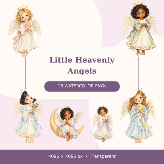 Cute Angel Watercolor PNG Clipart, 16 Transparent Designs for Cards, Stickers, Scrapbooking and Sublimation