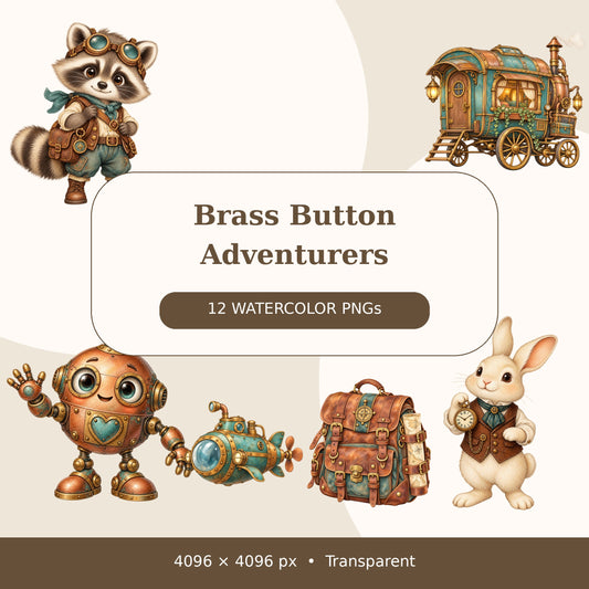 Cute Steampunk Watercolor PNG Clipart, 12 Transparent Designs for Cards, Stickers, Scrapbooking and Sublimation