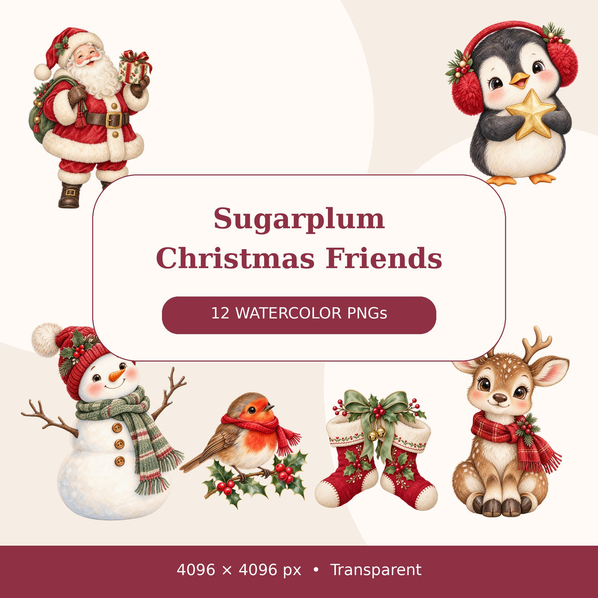 Cute Christmas Watercolor PNG Clipart, 12 Transparent Designs for Cards, Stickers, Scrapbooking and Sublimation
