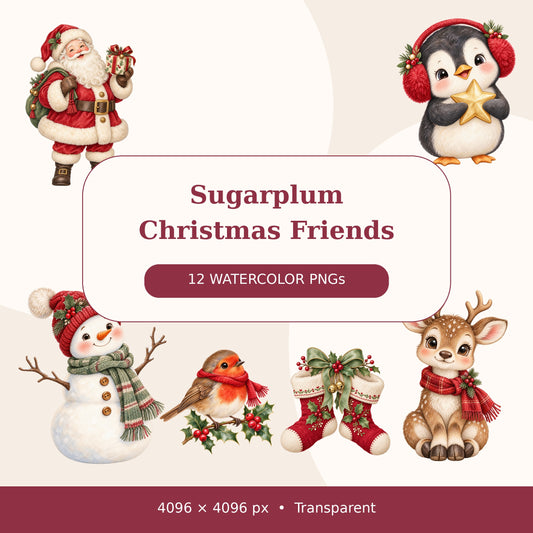 Cute Christmas Watercolor PNG Clipart, 12 Transparent Designs for Cards, Stickers, Scrapbooking and Sublimation