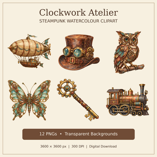 Steampunk Watercolour PNG Clipart Pack, 12 Vintage Rustic Clockwork Designs for Cards, Stickers, Scrapbooking and Sublimation