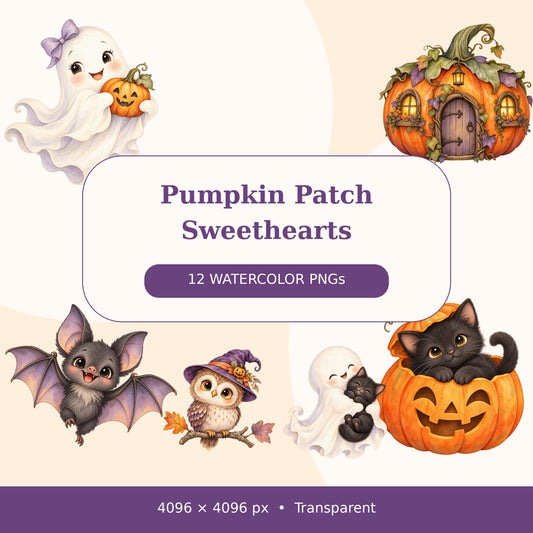 Cute Halloween Watercolor PNG Clipart, 12 Transparent Designs for Cards, Stickers, Scrapbooking and Sublimation