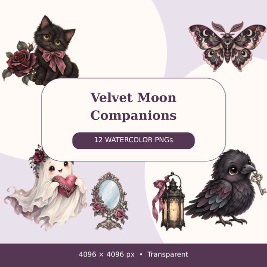Cute Gothic Watercolor PNG Clipart, 12 Transparent Designs for Cards, Stickers, Scrapbooking and Sublimation
