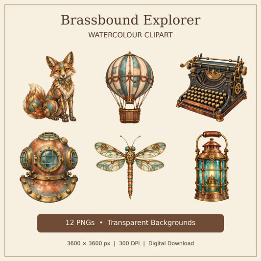 Steampunk Explorer PNG Clipart Pack, 12 Vintage Watercolour Designs, Clockwork Fox, Balloon and Dragonfly for Cards and Sublimation