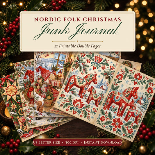 Nordic Folk Christmas junk journal printable pages fanned on a festive table