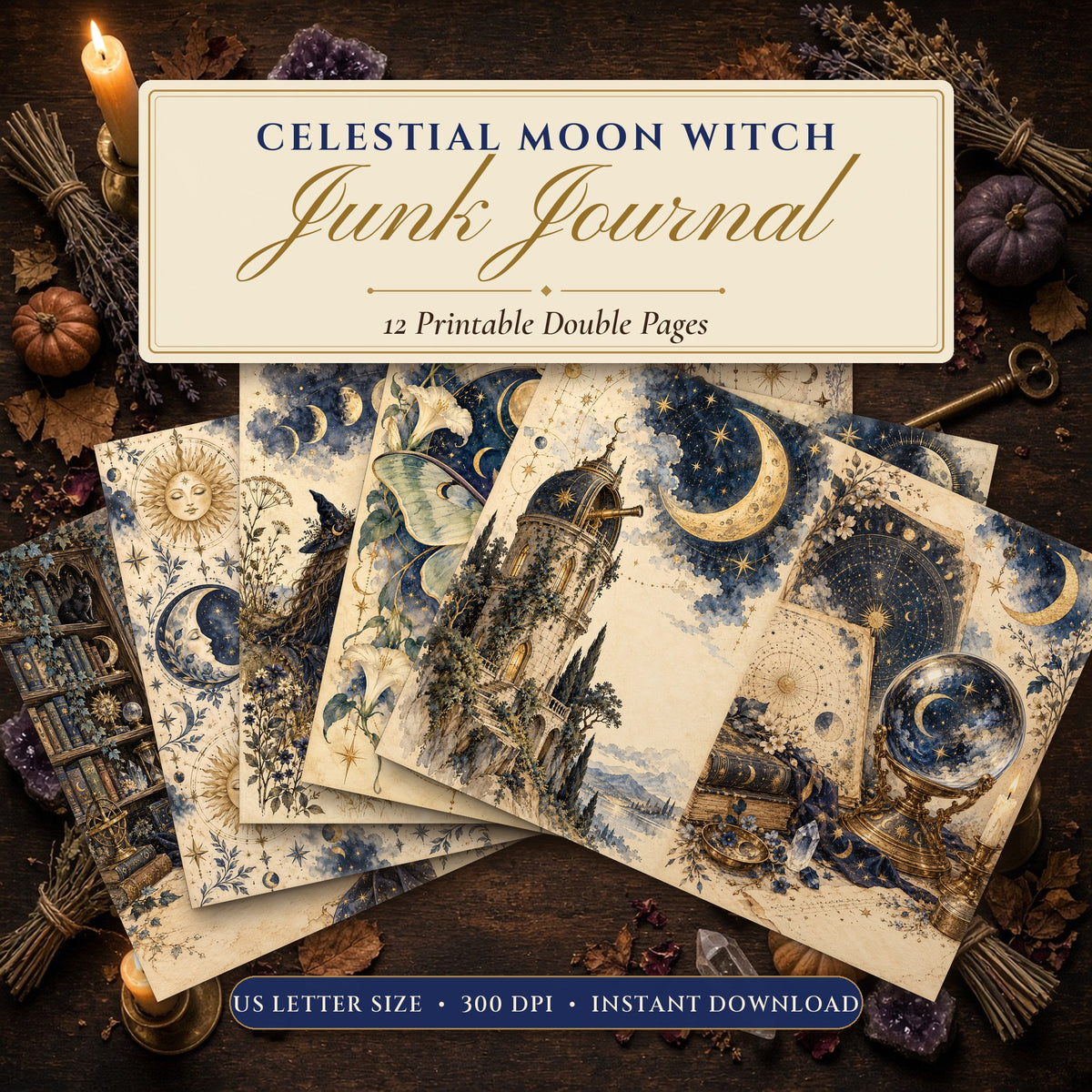 Celestial Moon Witch junk journal printable pages fanned on a candlelit witch's table