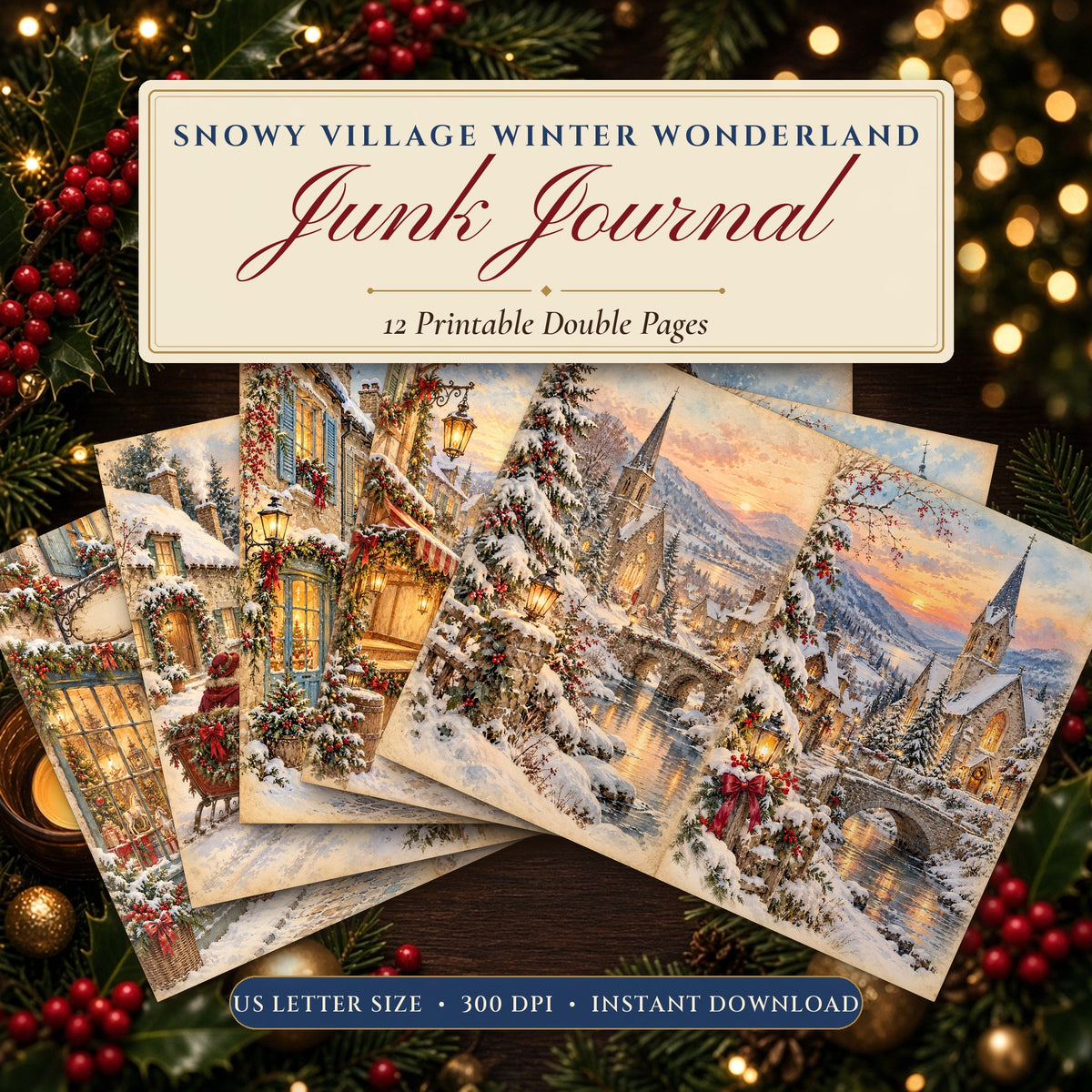 Snowy Village Winter Wonderland junk journal printable pages fanned on a festive table